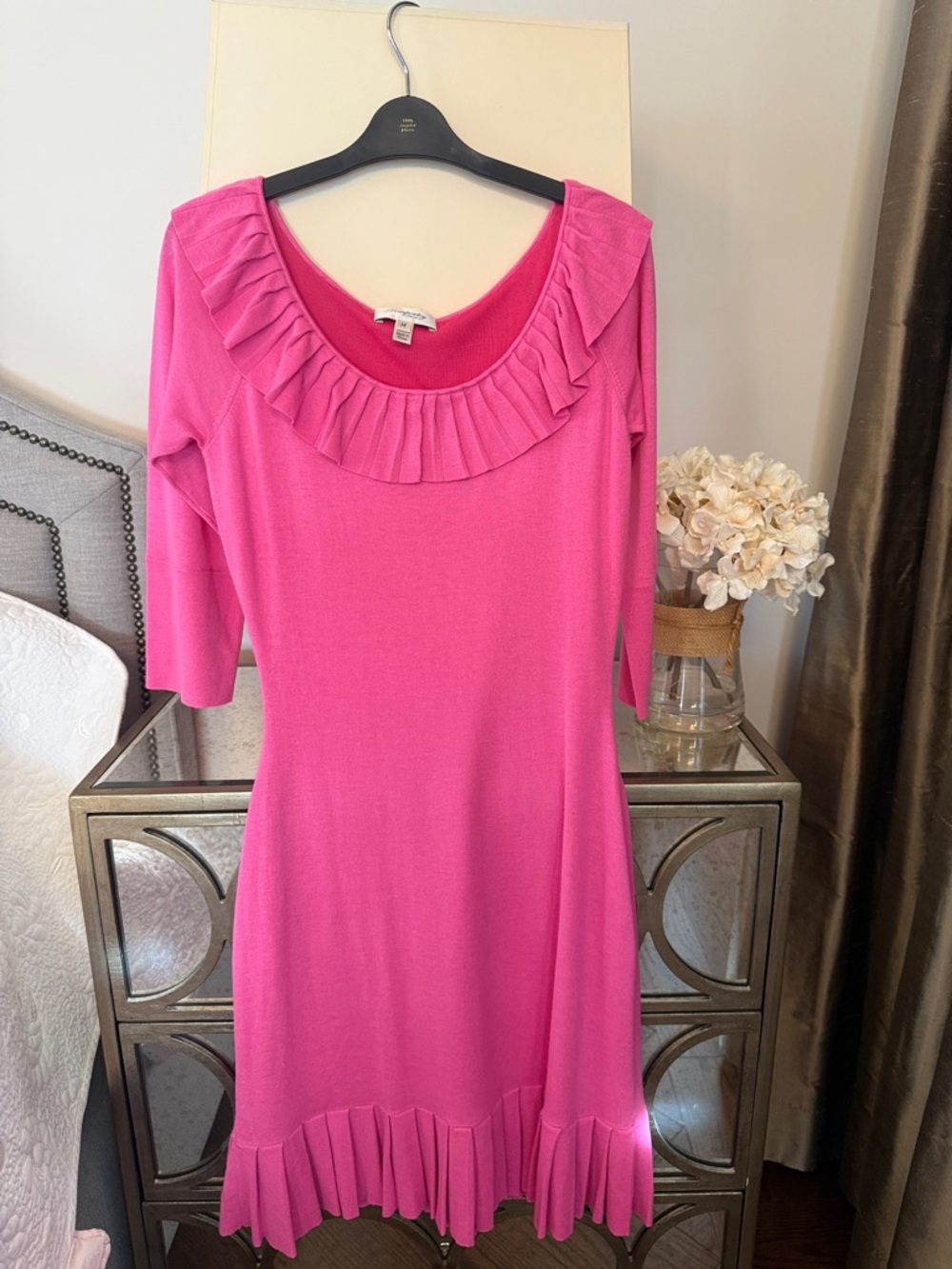 Temperley London Bright Pink Ruffled Neck & Hem Knit Dress M